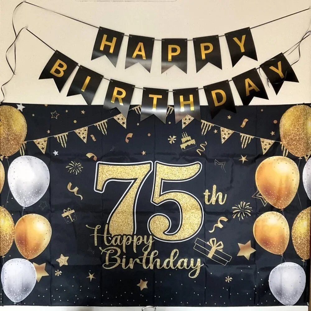 75TH HAPPY BIRTHDAY BACK DROP, BANNER, 8 TABLE DÉCOR 11 BALLOONS